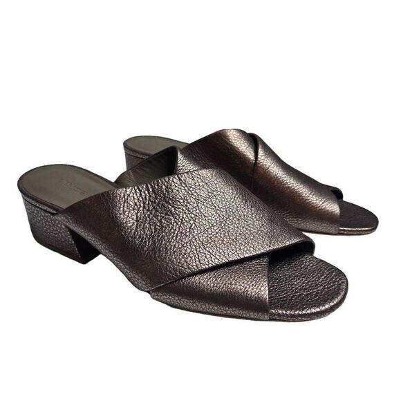 Vince Karsen Round Toe Block Heel Slip On Leather Sandal Metallic Size 11 - Picture 2 of 12